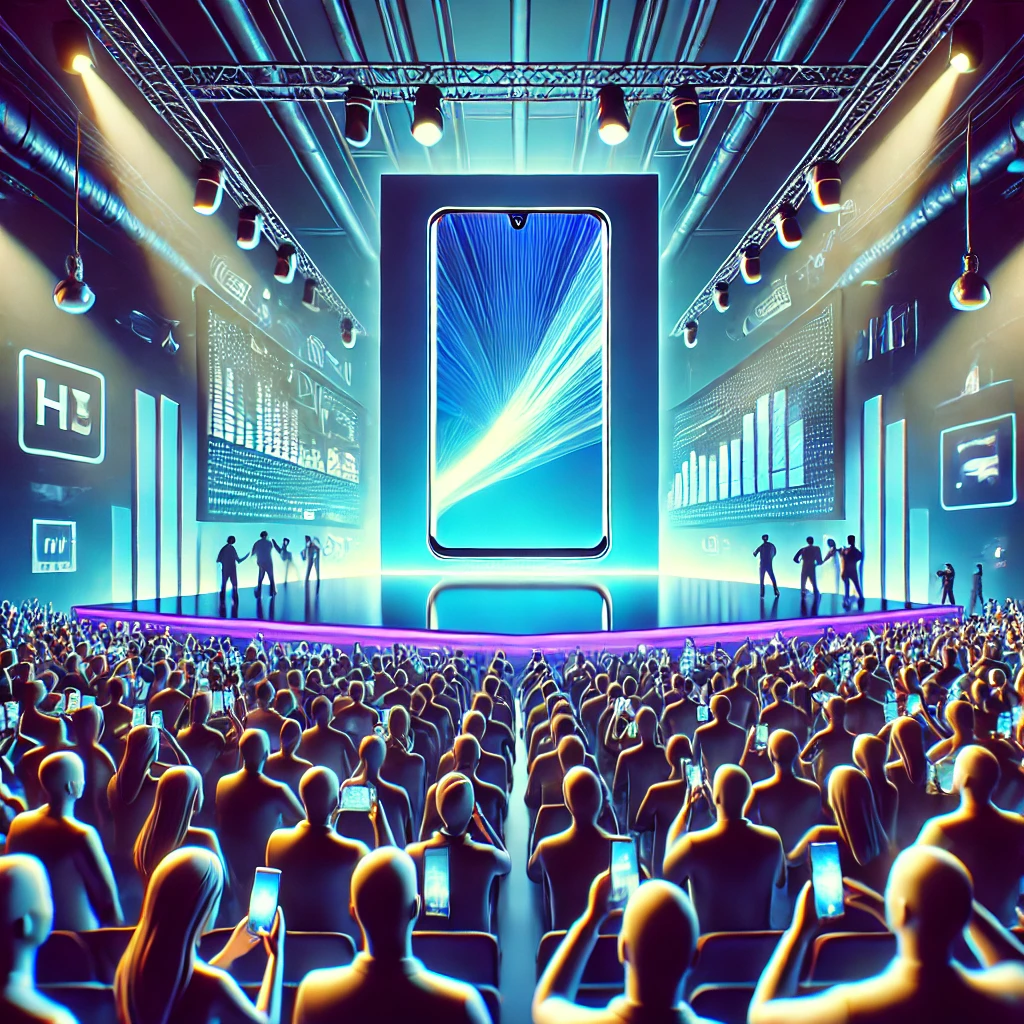 DALL·E 2024 08 26 15.25.55 A vibrant illustration of a tech event with a futuristic atmosphere. The scene is set in a large auditorium with a high definition screen displaying t