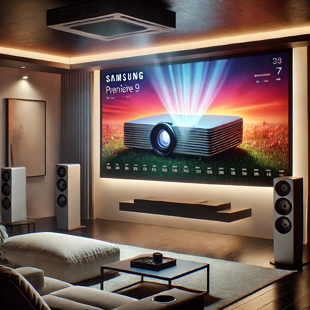 DALL·E 2024 08 26 17.41.29 A modern and stylish home theater setup featuring a high end projector similar to the Samsung Premiere 9 or Premiere 7. The projector is sleek and fu